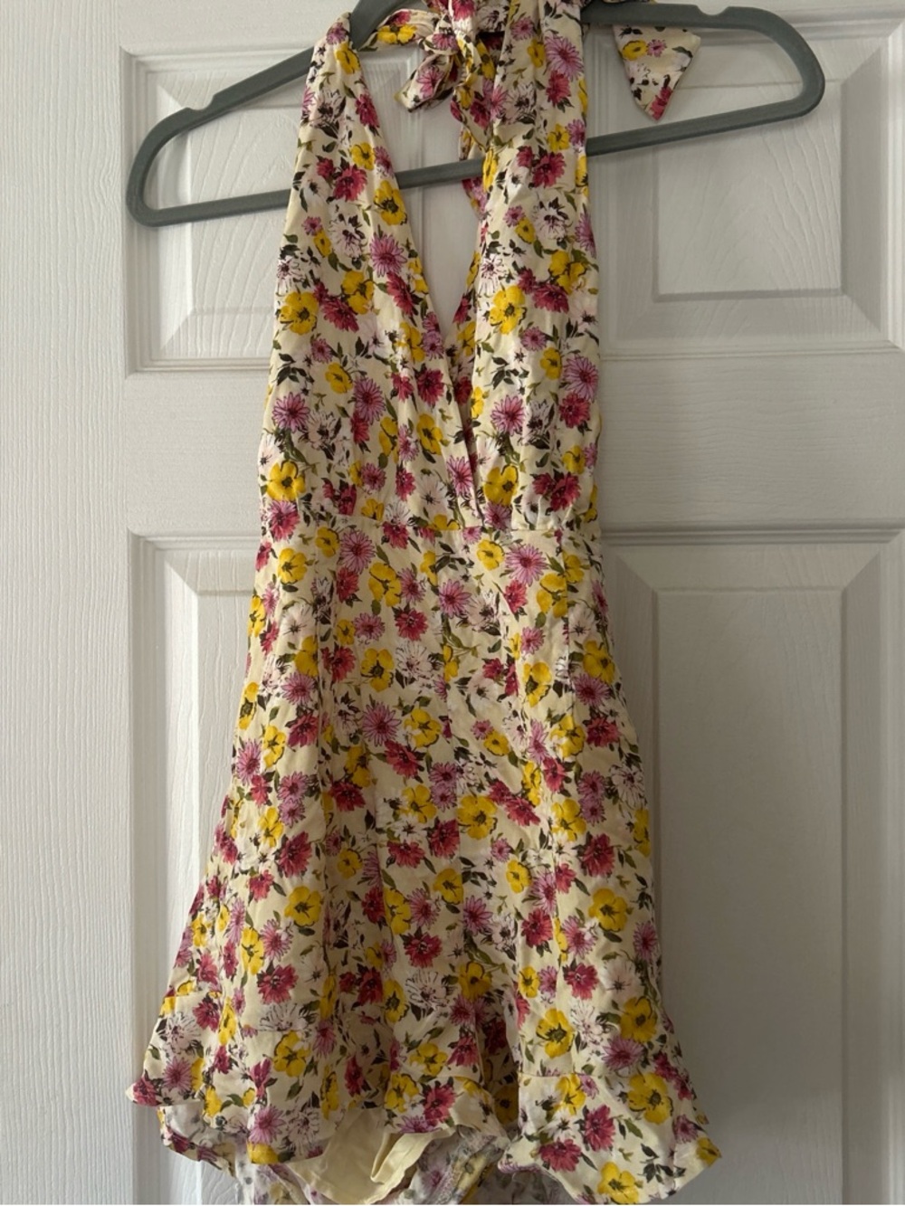 Forever 21 Cream Halter Mini Romper with Yellow & Pink Floral Print